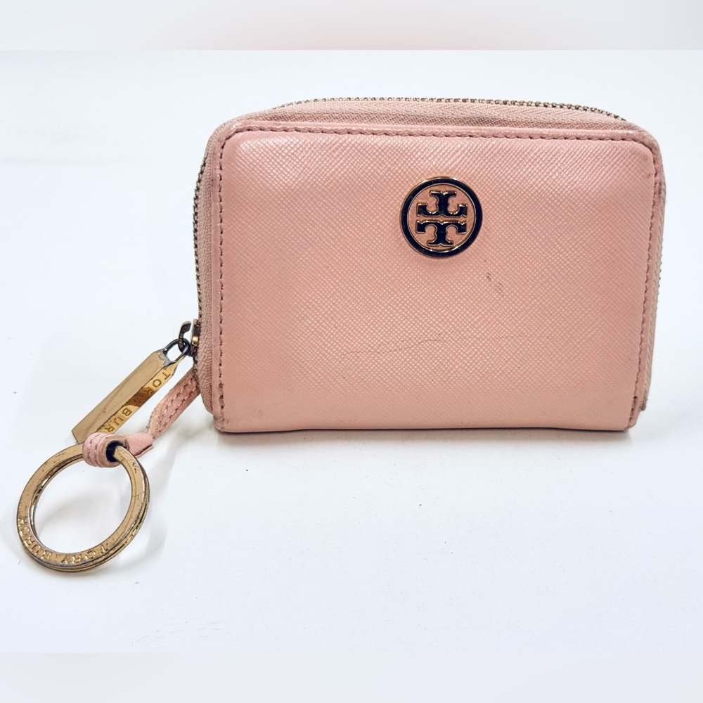 Tory Burch Blush Pink Zippered Leather Wallet W/Attached Keychain Good Condition